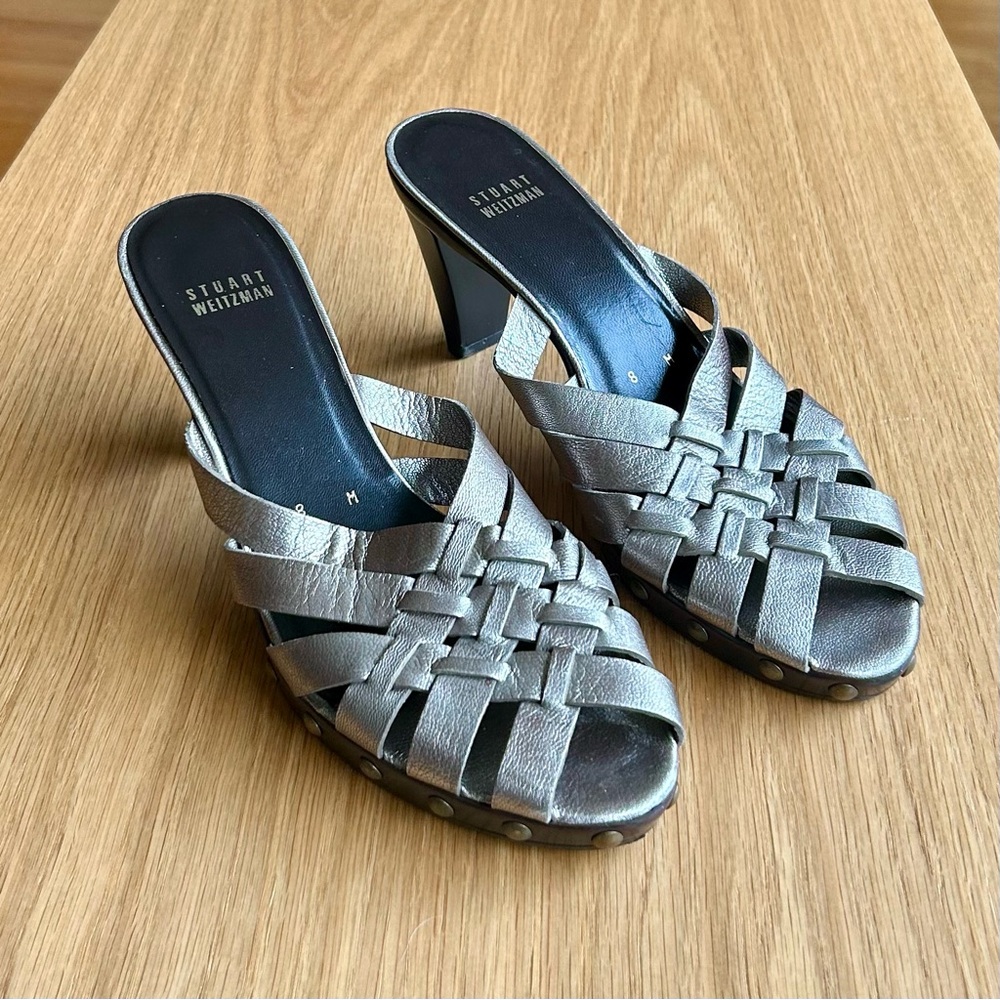 Stuart Weitzman Silver Mules with Woven Straps